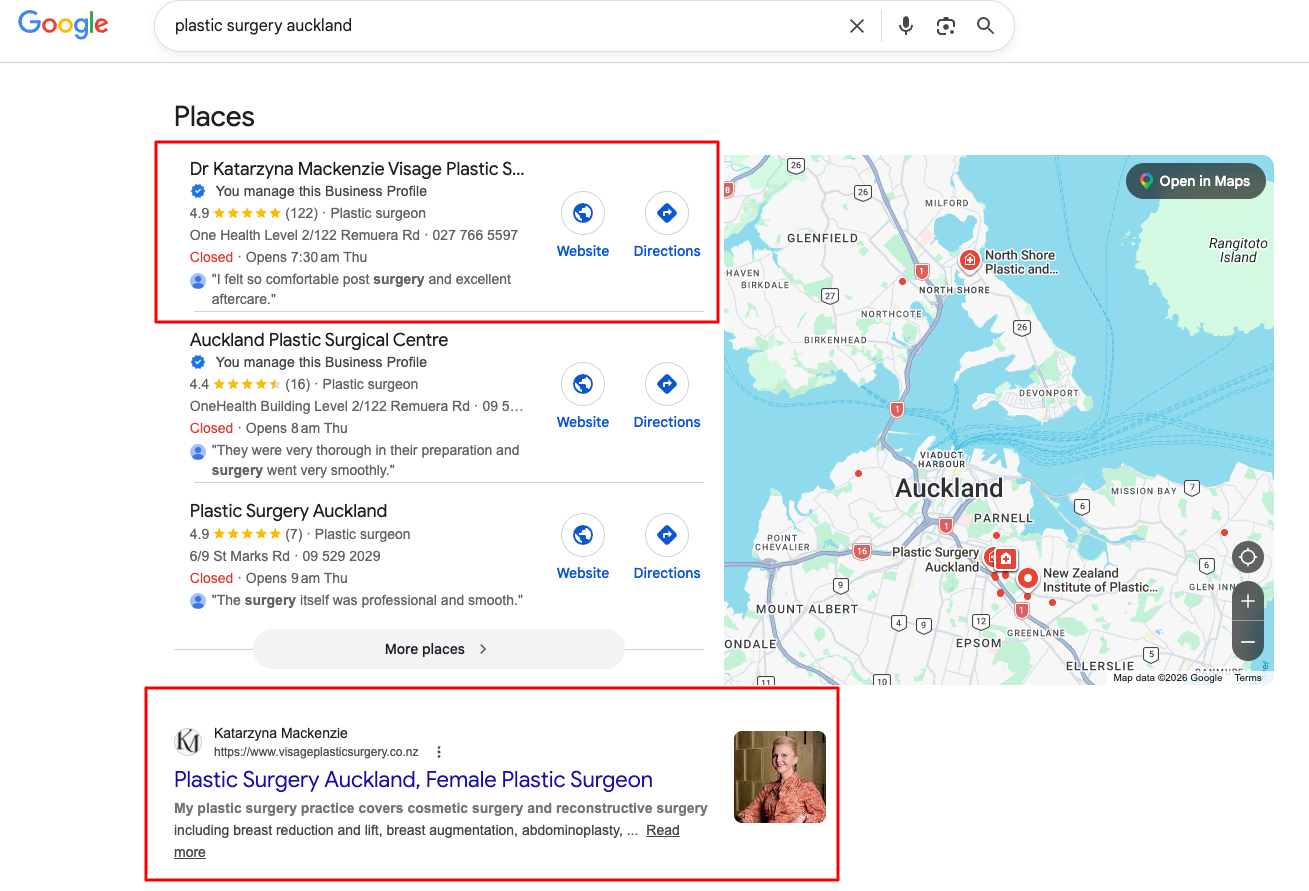 Google search results showing Visage Plastic Surgery ranking #1 for 'plastic surgery Auckland'